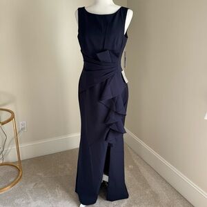 Eliza J Dark Blue Formal Dress with Cascading Ruffles